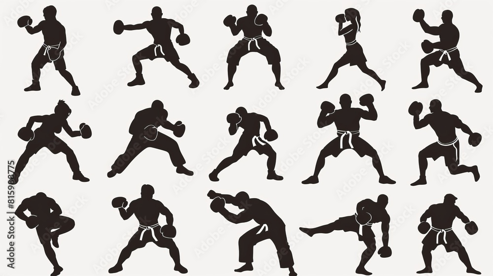 Vector set of black icons related to mixed martial arts, including various combat sports and fitness activities Vector set of black icons related to mixed martial arts, including various combat sports and fitness activities
