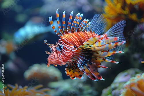 Exotic Lionfish with striking patterns and venomous spines, representing marine diversity.  © Nico
