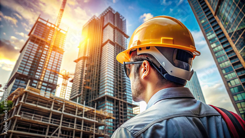 A detailed close-up of an engineer donning a safety helmet, juxtaposed with the skeletal structure of a skyscraper being erected in the background. photo