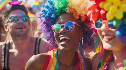 joyful gay friends celebrating at vibrant pride parade with rainbow flags and colorful wigs diversity concept