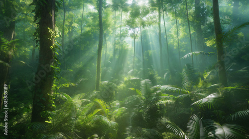 A dense rainforest scene with tall  green trees and thick underbrush. Sunlight filters through the canopy  creating dappled patterns of light and shadow on the forest floor.