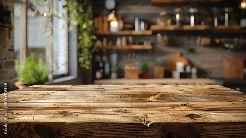 Rustic wooden table in a cozy kitchen setting. Perfect for displaying products or creating a warm and inviting atmosphere.