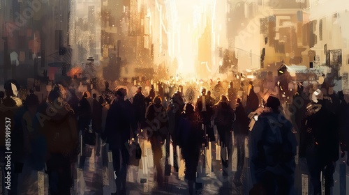 large crowd of commuters walking to work in the busy city morning digital painting
