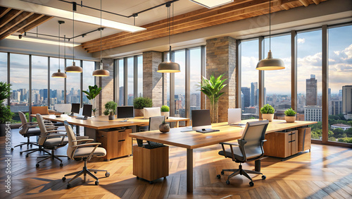 A contemporary coworking office interior design with warm wood tones  sleek concrete surfaces  and a panoramic window overlooking a dynamic city skyline.