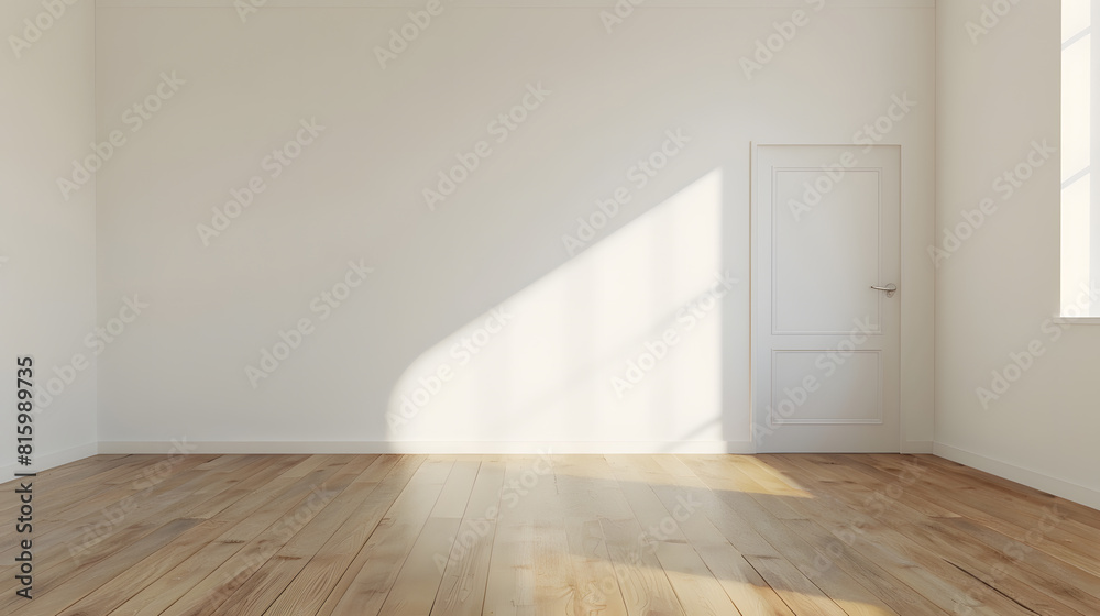An empty room with white walls and wood flooring on the right there is a door in the corner : Generative AI An empty room with white walls and wood flooring on the right there is a door in the corner : Generative AI