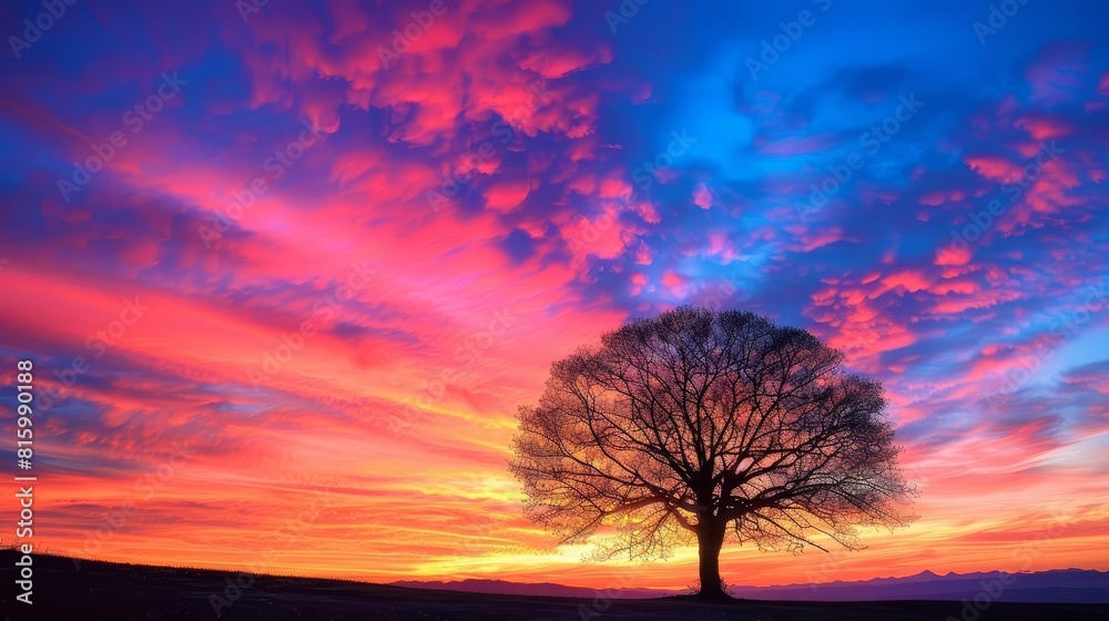 Obraz premium lone tree silhouetted against a vibrant colorful sunset sky tranquil landscape natures beauty fine art photography