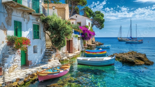 Charming coastal village with whitewashed houses and colorful boats anchored in the crystal-clear waters of the Mediterranean Sea.