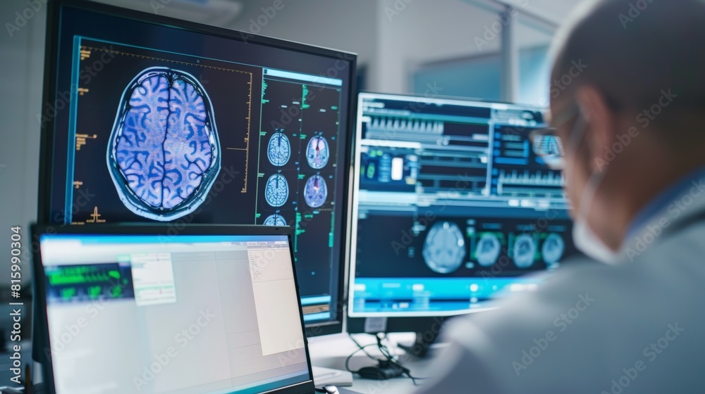 Doctor Analyzing Medical Data on Multiple Monitors in a High-Tech Hospital Doctor Analyzing Medical Data on Multiple Monitors in a High-Tech Hospital