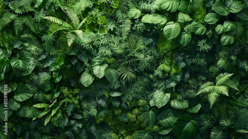 A vertical wall of greenery composed of various types of green plants  including ferns  ivy  and moss. The rich textures and shades of green offer a visually appealing backdrop for product