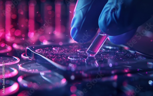 Scientist wearing blue gloves holding and opening test tube with virus or bacteria sample in laboratory.