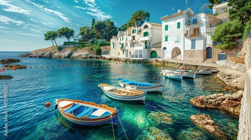 Charming coastal village with whitewashed houses and colorful boats anchored in the crystal-clear waters of the Mediterranean Sea. photo