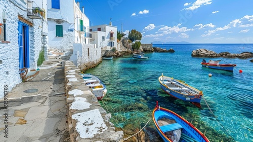 Charming coastal village with whitewashed houses and colorful boats anchored in the crystal-clear waters of the Mediterranean Sea.