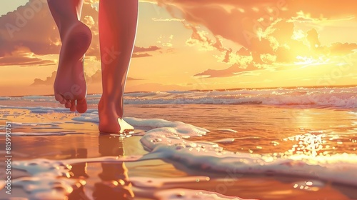 low angle view of girls feet walking on beach at sunset carefree summer illustration