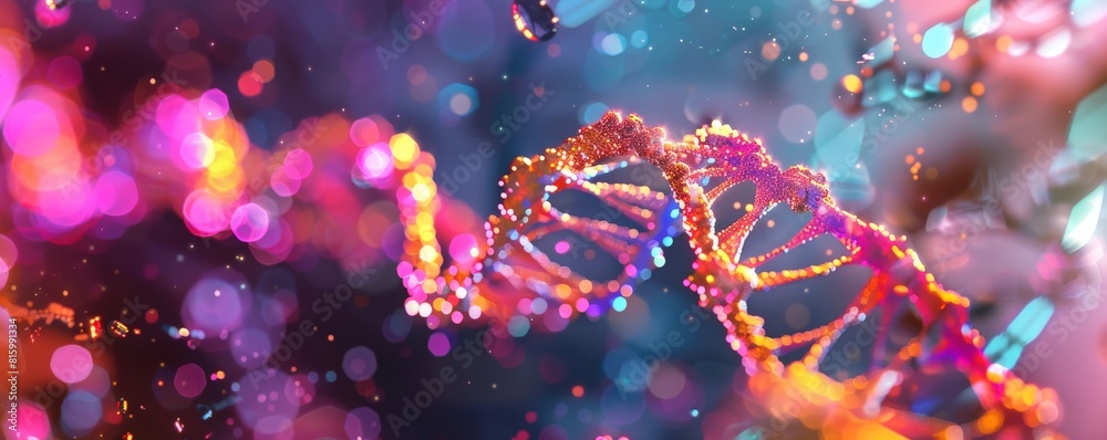 The image is a 3D rendering of a DNA double helix. The DNA is pink and blue, and the background is a blur of light blue and purple. The image is a 3D rendering of a DNA double helix. The DNA is pink and blue, and the background is a blur of light blue and purple.