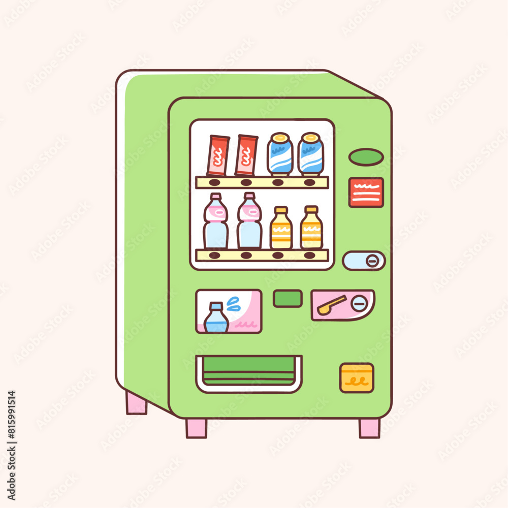 Vending machine selling drinks and snacks. Vector illustration of a colorful vending machine with soda cans, water or juice bottles and chocolate bars inside. Trendy flat style. Vending machine selling drinks and snacks. Vector illustration of a colorful vending machine with soda cans, water or juice bottles and chocolate bars inside. Trendy flat style.