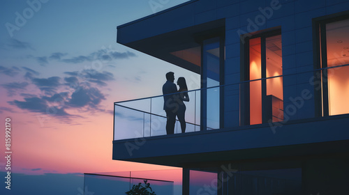 Couple standing on balcony of modern house : Generative AI © Generative AI