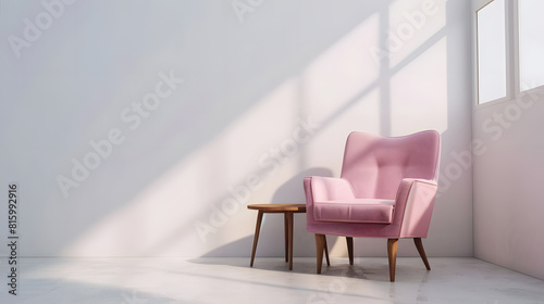 Pink armchair and wooden table on empty wall in simple living room interior : Generative AI photo