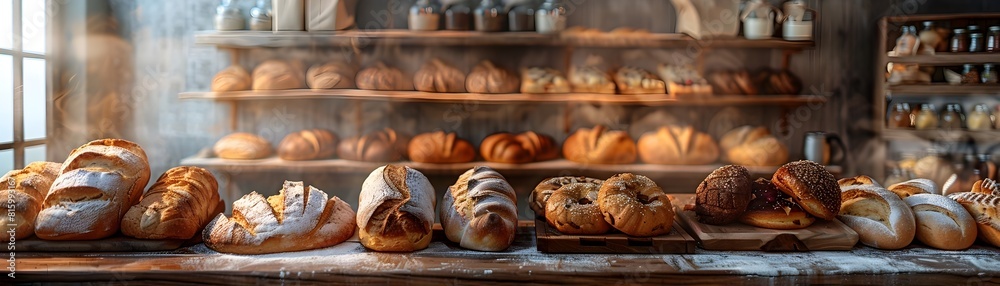 Rustic Bakery Cafe Display of Freshly Baked Breads and Pastries in Wooden Cases Rustic Bakery Cafe Display of Freshly Baked Breads and Pastries in Wooden Cases