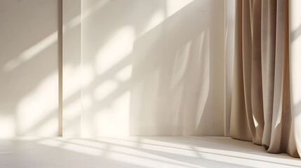 Neutral modern empty room with sunlight shadow white blank wall background beige linen curtain stone floor or tabletop aesthetic minimalist interior design template : Generative AI