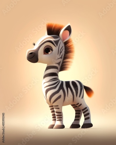 This image features a stylized cartoon zebra with a whimsical and adorable design, standing with a neutral beige background