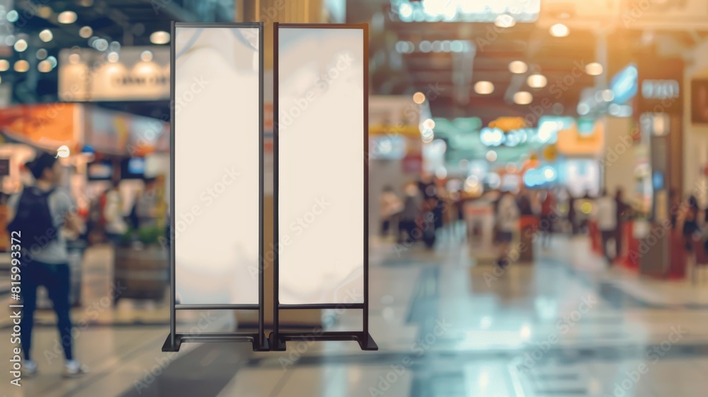 Two vertical blank banners with copy space in a shopping mall with blurry background and people walking Two vertical blank banners with copy space in a shopping mall with blurry background and people walking