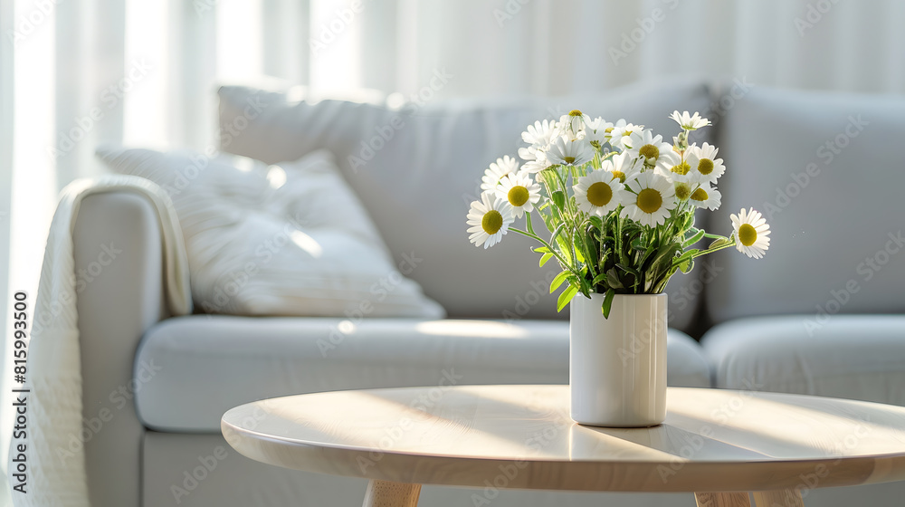 Flowers on wooden table and grey settee in white living room interior with copy space Real photo : Generative AI Flowers on wooden table and grey settee in white living room interior with copy space Real photo : Generative AI