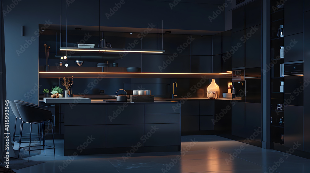View of stylish luxury kitchen interior in an ultramodern spacious apartment in ...