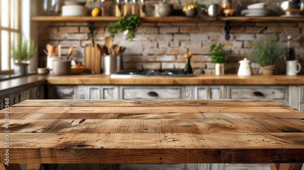 The photo shows a beautiful wooden table. There are some decorations on the table. The background is a brick wall with some shelves. The photo shows a beautiful wooden table. There are some decorations on the table. The background is a brick wall with some shelves.