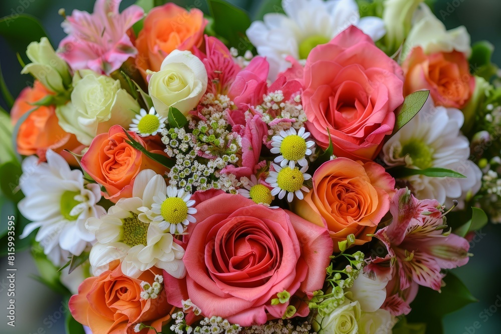Exquisite and vibrant spring blossom bouquet featuring a colorful assortment of fresh roses and other flowers, perfect for romantic celebrations, mother's day, weddings, and other joyful occasions