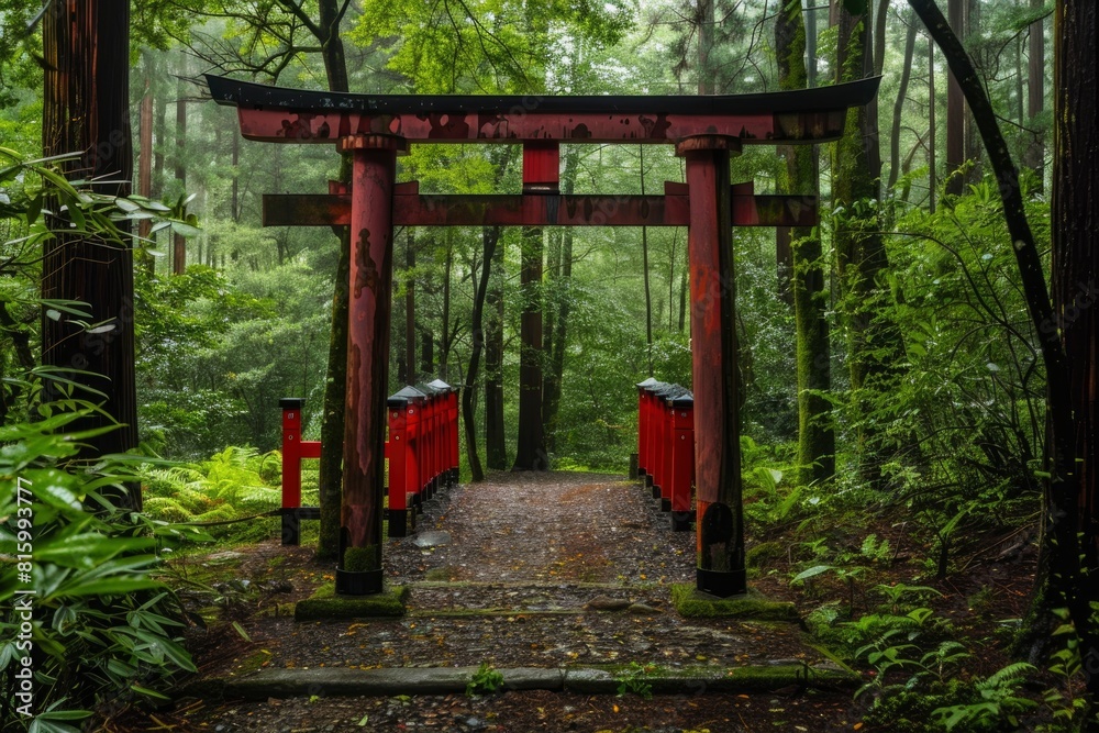 A red wooden gate with a bridge leading to the other side A red wooden gate with a bridge leading to the other side