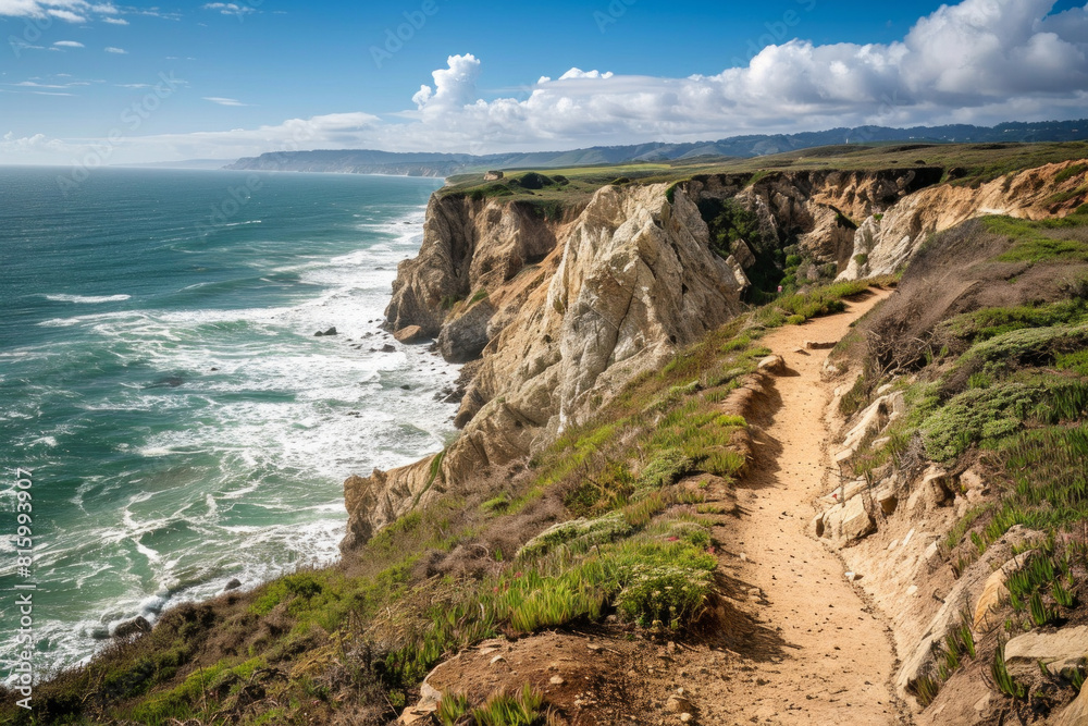 A scenic cliffside path winding along rugged coastal cliffs, offering panoramic views of the vast ocean stretching to the horizon, with crashing waves, sea spray, and dramatic rock formations
