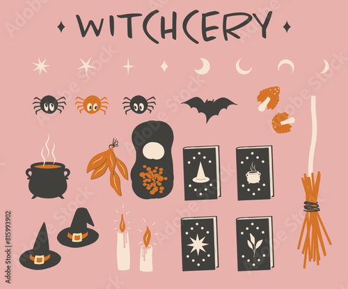 Vector clip art set with witch items hat, candles, herbs, mushrooms, magic book. Great for girls