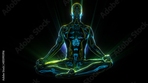 A human character meditating where we see the energetic fields of the body represented in pulsating lines and shimmering colour.