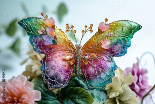 Close-up shot of a vibrant bejeweled butterfly ornament resting atop a bouquet of delicate artificial flowers