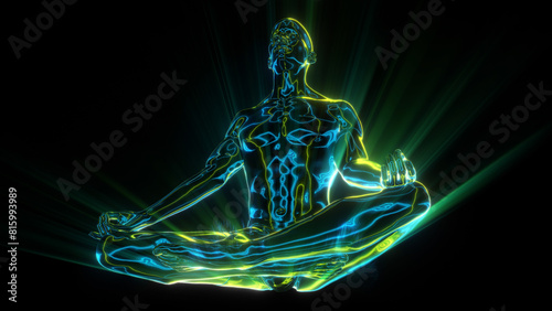 A human character meditating where we see the energetic fields of the body represented in pulsating lines and shimmering colour.