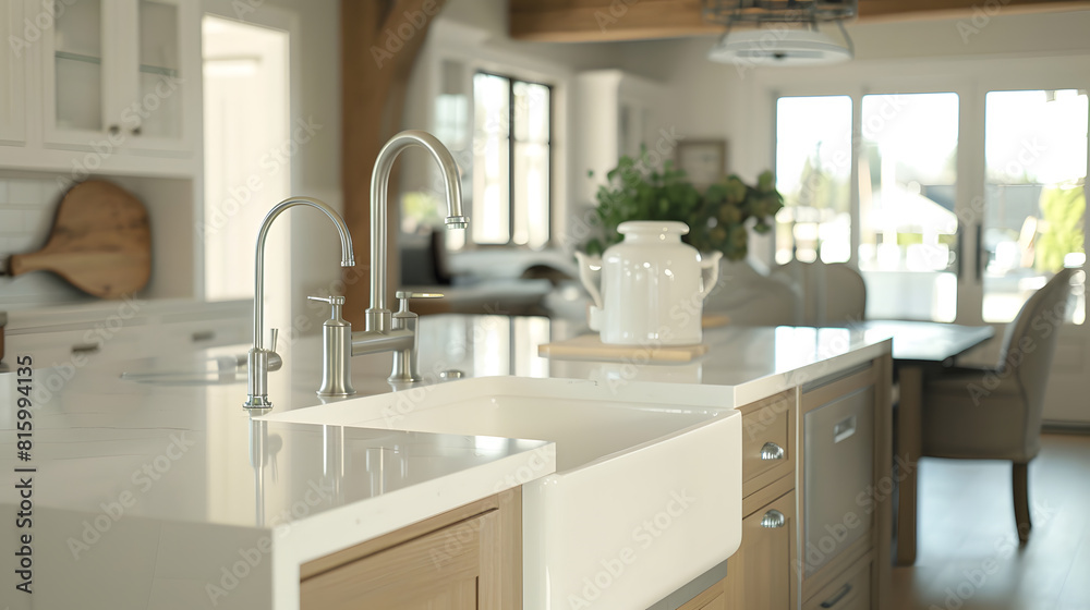 Fototapeta premium Traditional kitchen detail in new luxury home with farmhouse sink hardwood floors wood beams large island and quartz counters : Generative AI