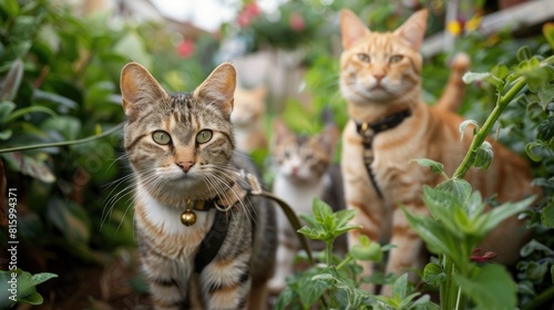 Cats with a harness in a garden being looked after by a pet sitter