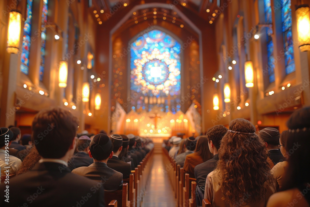 Obraz premium Intimate Bar Mitzvah Ceremony in Synagogue: Torah Reading with Congregation Watching