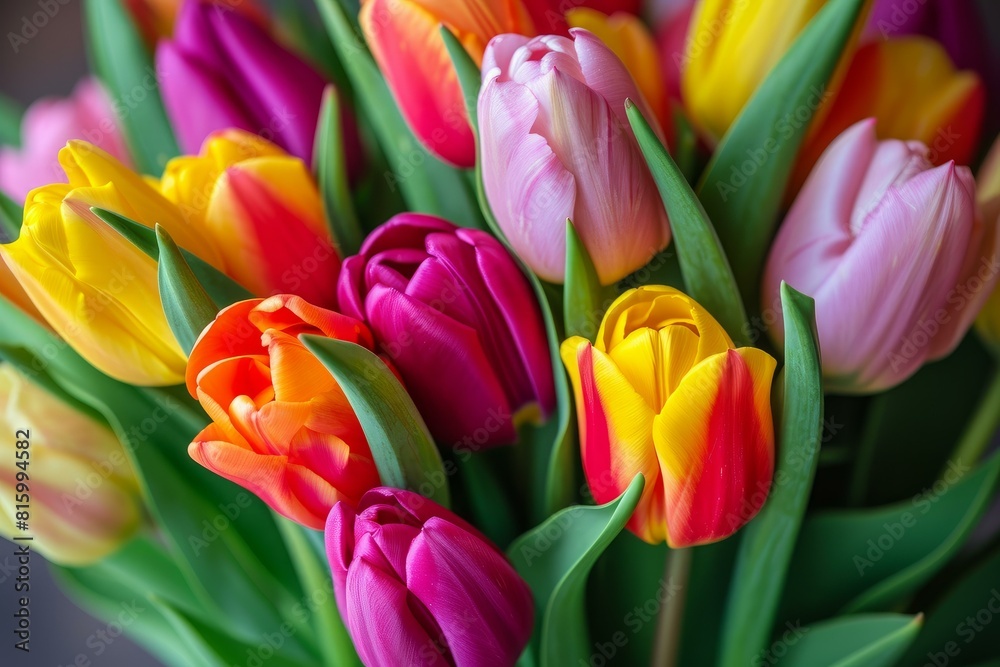 Close-up of vibrant multi-colored tulip bouquet with soft focus background, showcasing the beauty of springtime floral arrangement ideal for mother's day or easter celebration Close-up of vibrant multi-colored tulip bouquet with soft focus background, showcasing the beauty of springtime floral arrangement ideal for mother's day or easter celebration