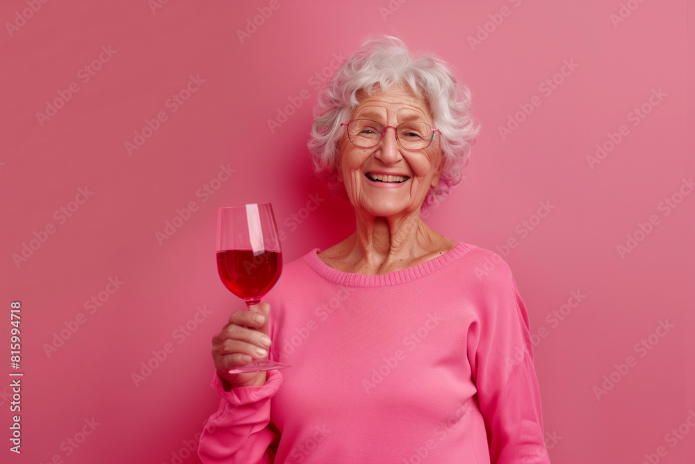 Elderly woman with a glass of wine on pink background. Woman with a glass of wine. Elderly woman on vacation. Vacation. Pension. Elderly woman with a glass of wine on pink background. Woman with a glass of wine. Elderly woman on vacation. Vacation. Pension.