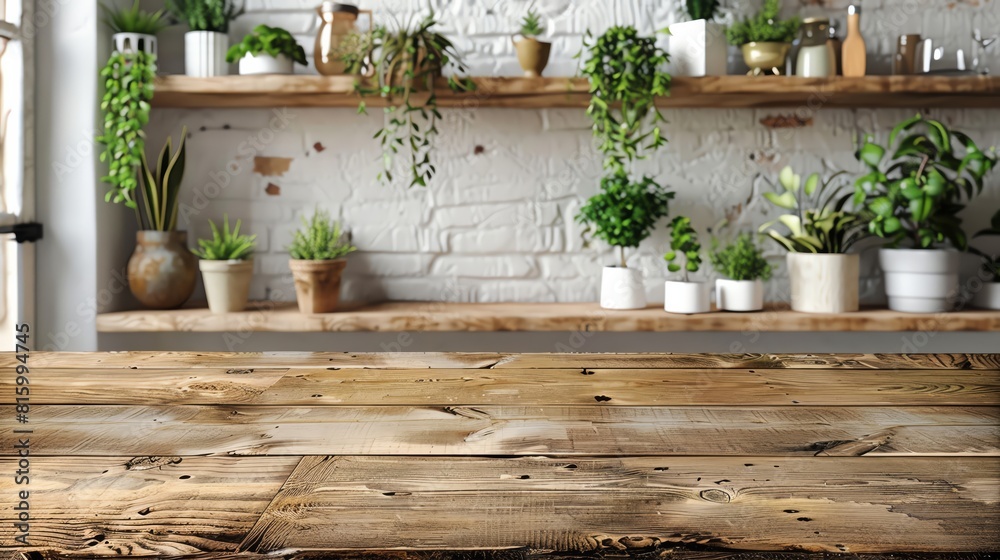 The photo shows a rustic wooden table with a white brick wall in the background The photo shows a rustic wooden table with a white brick wall in the background