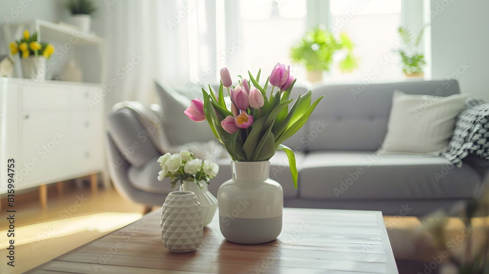 custom made wallpaper toronto digitalScandinavian living room interior with design grey sofa wooden coffee table plants shelf spring flowers in vase decoration and elegant personal accessories at home decor : Generative AI