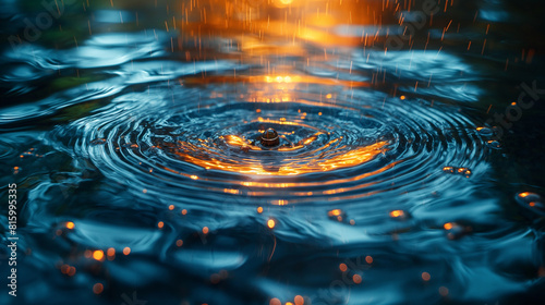 An illustration of a magical natural setting and beautiful details of a water surface with concentric circles caused by raindrops