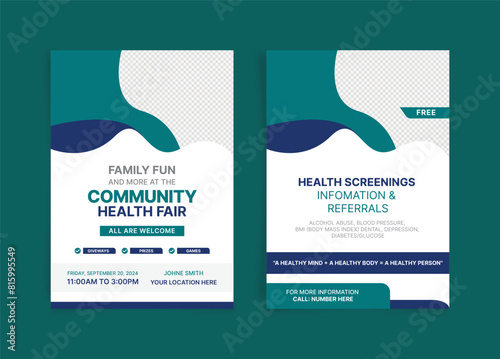 Community health Fair double-sided flyer design. Suitable for medical health and healthcare live webinar square Flyer. Instagram stories collection template design. EPS vector illustration.