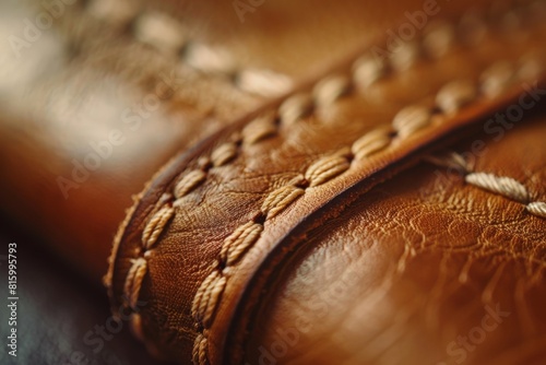 Close-up of brown leather with stitching. photo