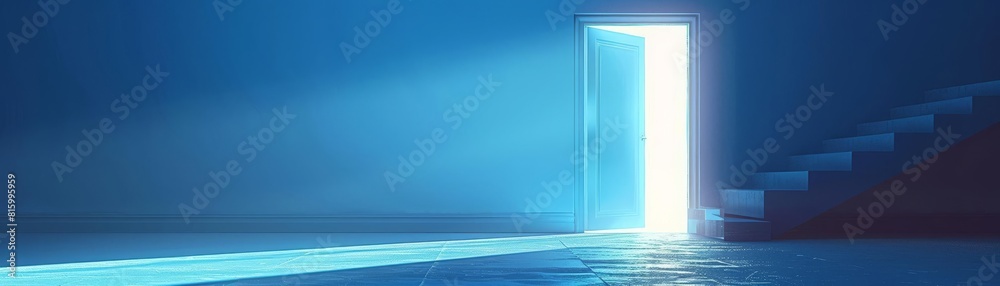 Bluehued digital artwork featuring a door ajar with bright light streaming through, suggesting opportunity Bluehued digital artwork featuring a door ajar with bright light streaming through, suggesting opportunity
