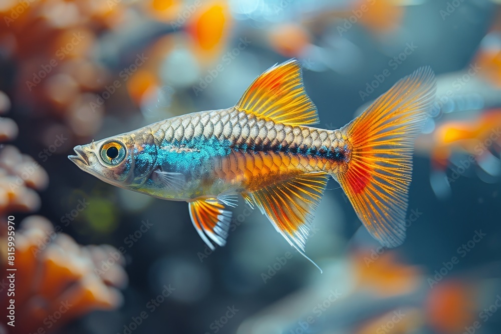 Guppy fish with colorful tails and fins, appealing to beginner aquarium keepers. Guppy fish with colorful tails and fins, appealing to beginner aquarium keepers.