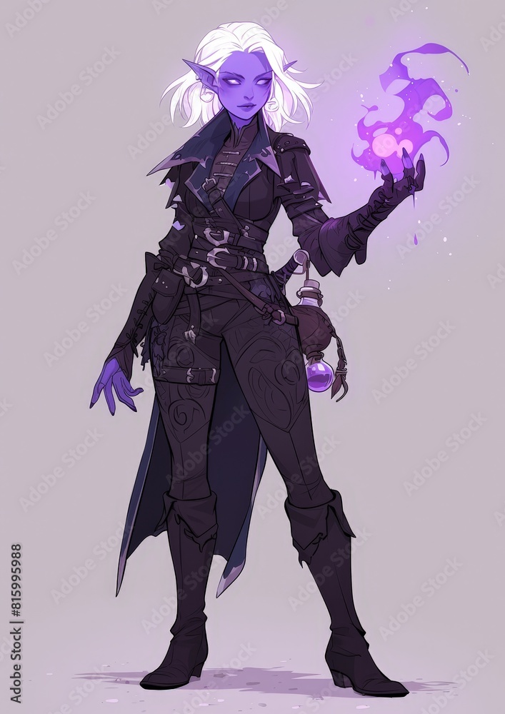 Female Elf With Purple Hair Holding a Purple Potion