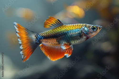 Guppy fish with colorful tails and fins, appealing to beginner aquarium keepers. 