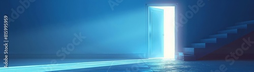 Bluehued digital artwork featuring a door ajar with bright light streaming through, suggesting opportunity photo